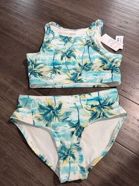Old Navy Girls Palm-Print Two-Piece Bikini - Teal, Yellow, White